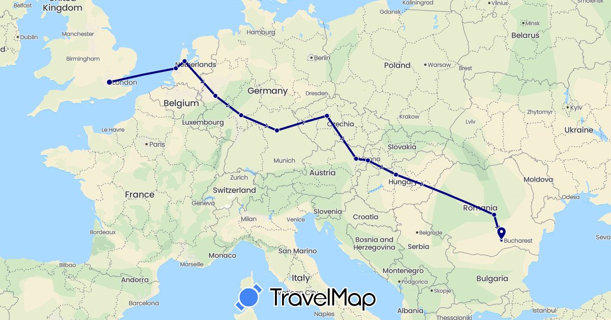 TravelMap itinerary: driving in Austria, Czech Republic, Germany, United Kingdom, Hungary, Netherlands, Romania, Slovakia (Europe)