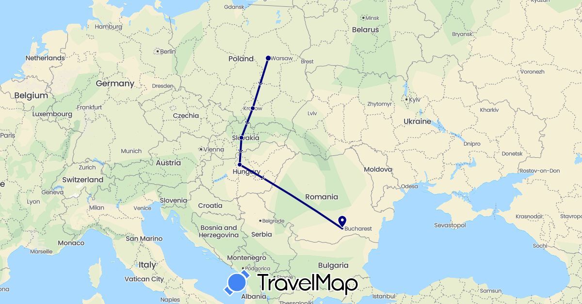 TravelMap itinerary: driving in Hungary, Poland, Romania, Slovakia (Europe)